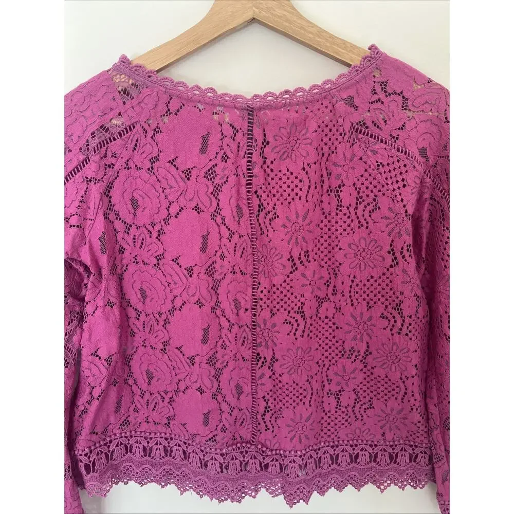 Anthropologie Long Sleeve‎ Lace Patches Blouse XS Lavender Pink